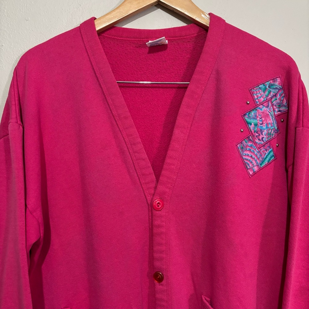 Jerzees Pink Sweatshirt Pocketed Cardigan Size Large Embroidered Abstract Print - Picture 2 of 9